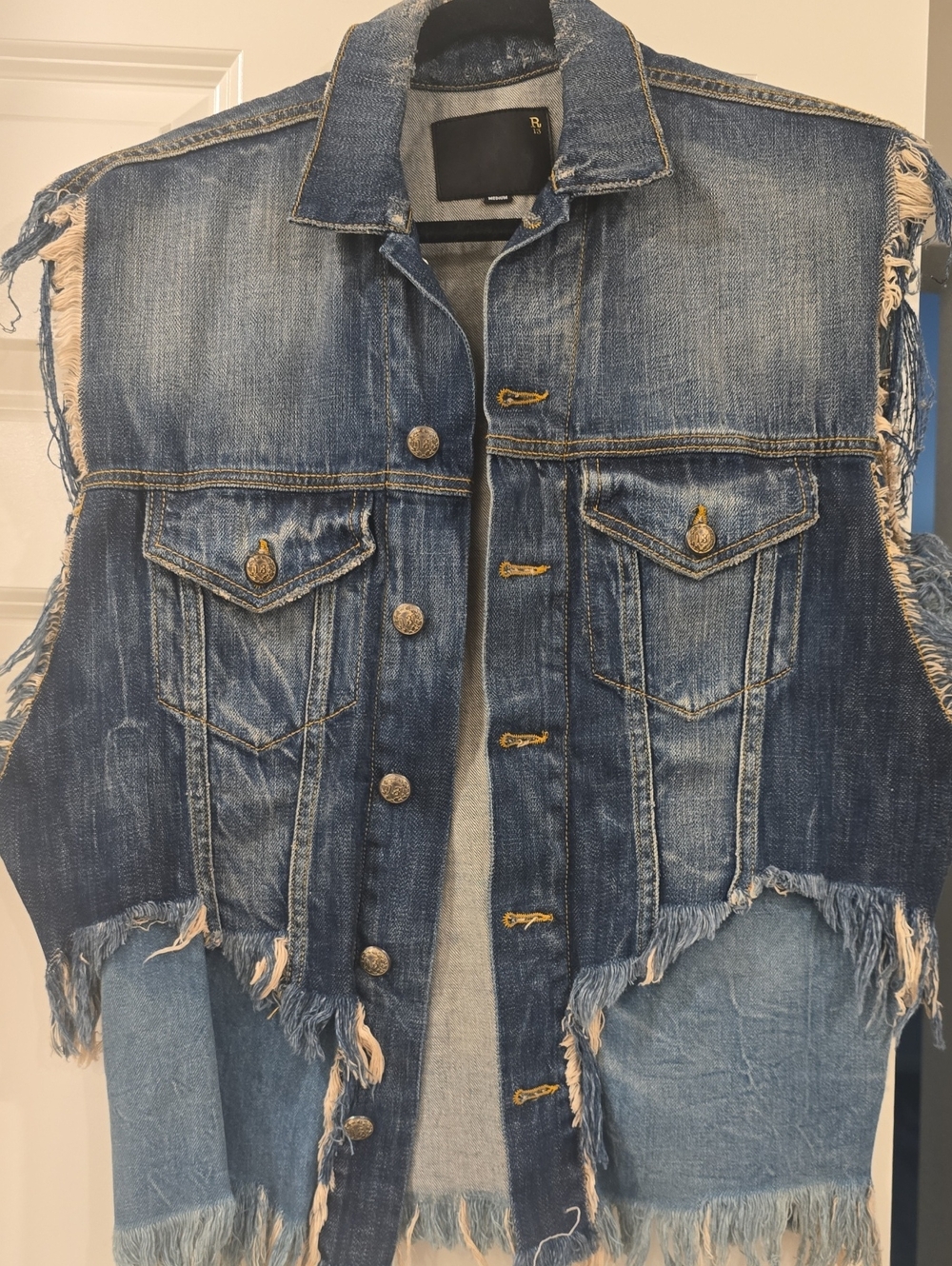 R13 Distressed Blue Denim Vest